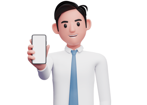 portrait of a businessman in white shirt and blue tie showing the phone screen to the camera, 3d illustration of businessman using phone png