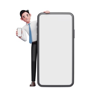 businessman appears from behind a big phone and holding phone, 3d illustration of businessman using phone png