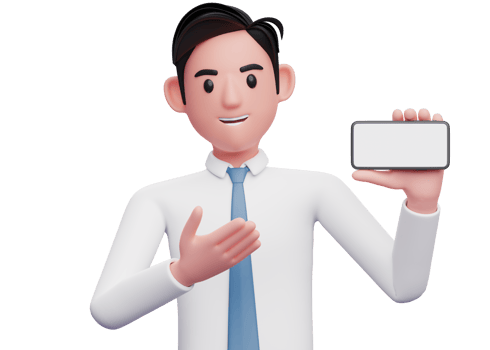 businessman in white shirt and blue tie presenting landscape screen phone, 3d illustration of businessman using phone png