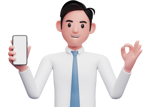 portrait of a businessman in white shirt giving ok finger while showing phone screen, 3d illustration of businessman using phone png
