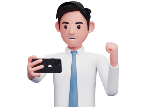 portrait of a businessmen in white shirt celebrating on video call, 3d illustration of businessman using phone png