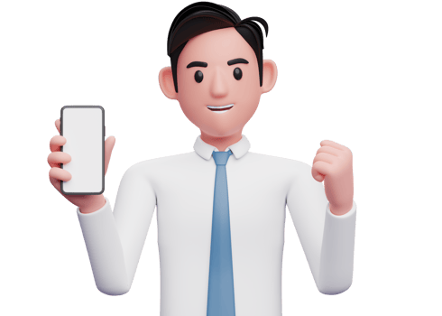 portrait of a businessman holding a cell phone while celebrating clenching his fist, 3d illustration of businessman using phone png