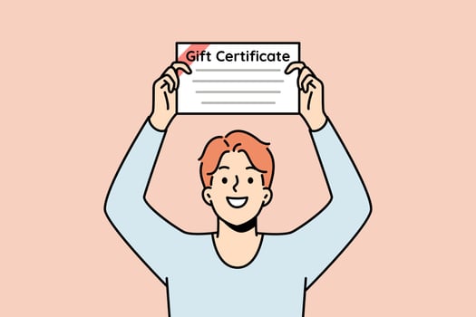 Smiling young man holding gift certificate in hands. Happy guy with paperwork document for present. Vector illustration.
