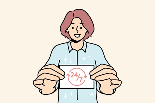 Smiling woman holding business card showing 24 7 service. Happy female present card with all day assistance or aid. Vector illustration.