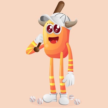 Cute orange monster playing baseball vector