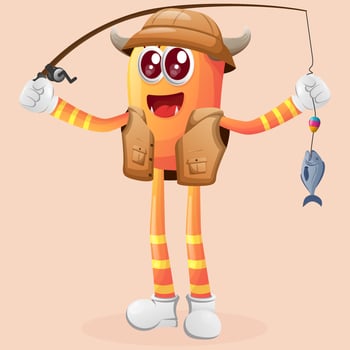 Cute orange monster fishing vector