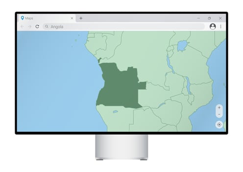 Computer monitor with map of Angola in browser, search for the country of Angola on the web mapping program. vector