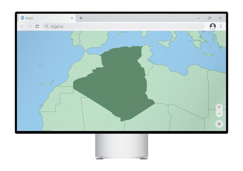Computer monitor with map of Algeria in browser, search for the country of Algeria on the web mapping program. vector