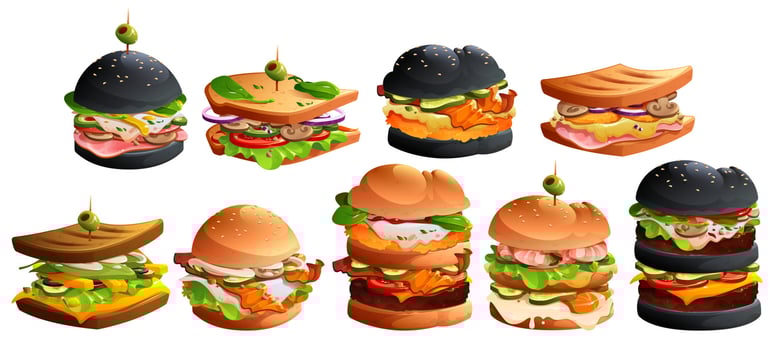 Set burgers with cheese, meat, bacon, vegetables vector