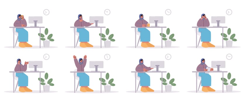 Muslim woman office worker different activities vector