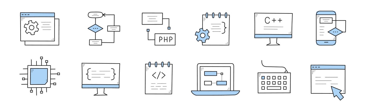 Coding and programming doodle icons vector set