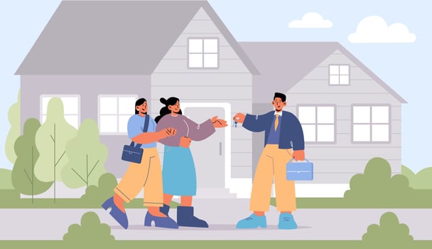 Lesbian couple buy new house, agent giving keys vector