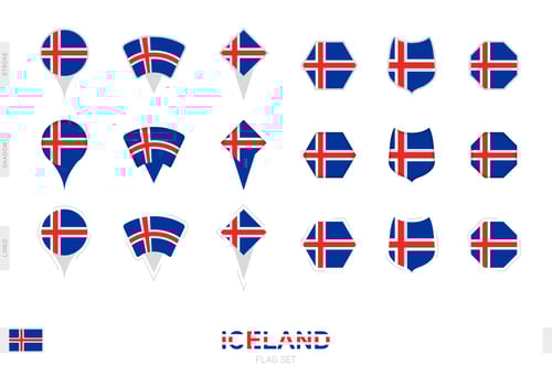 Collection of the Iceland flag in different shapes and with three different effects. vector