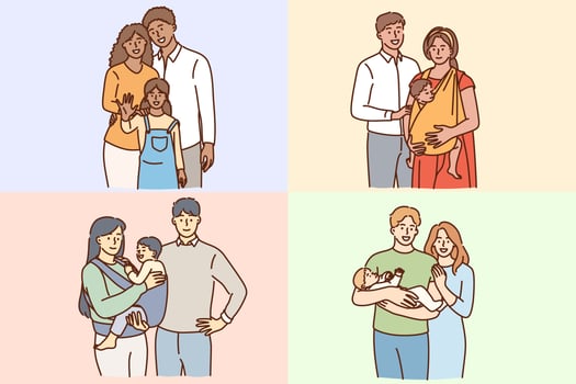 Happy families with children concept. Young smiling couples parents families standing with their children kids sons and daughters feeling happy together vector illustration