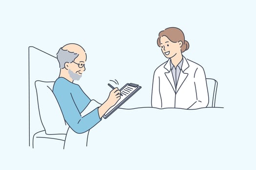 Making will and approval for operation concept. Old smiling ill man sitting in bed signing will or approval in hospital with doctor nurse sitting nearby vector illustration