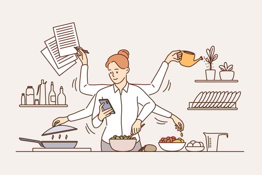 Multitasking and time management concept. Young smiling woman with six arms performing many tasks simultaneously in kitchen vector illustration