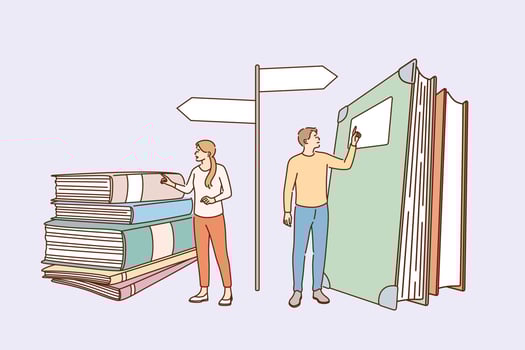 Education, knowledge and choosing profession concept. Young girl and boy standing bear books heaps choosing way of development profession speciality vector illustration