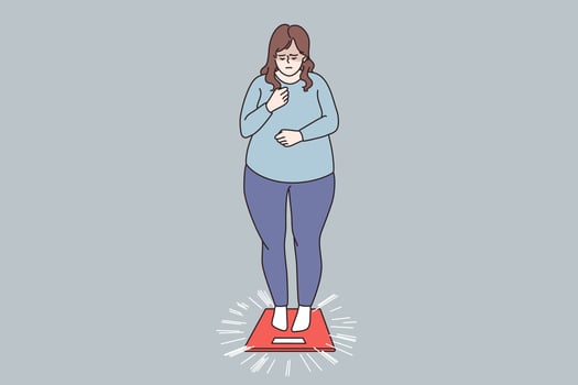Overweight and Obese people concept. Fat obese sad woman standing on scales having weight problems feeling stressed vector illustration