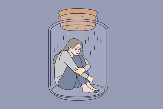 Depression and mental health concept. Young stressed sad woman sitting in glass jar embracing knees feeling bad vector illustration