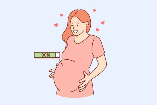Happy pregnancy process and expectation concept. Happy young pregnant woman embracing belly with 90 percent of pregnancy and expectation inside feeling love vector illustration