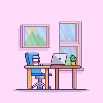 Workspace Laptop With Coffee And Plant Cartoon Vector Icon Illustration. Workplace Technology Icon Concept Isolated Premium Vector. Flat Cartoon Style