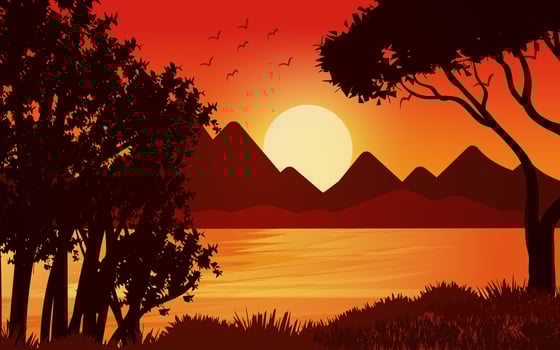 Sunset scene in forest. Glowing forest sky with Mountains landscape background Illustration vector