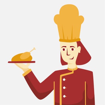 girl or woman as chef serving chicken or turkey meat. flat vector illustration, suitable element for poster, banner, app design for restaurant and hotel