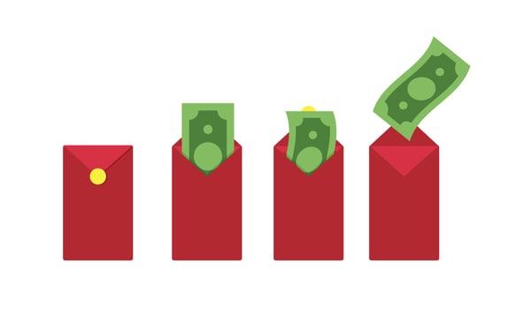Lucky money clipart vector design illustration. Green banknote paper bills pack in red envelope lucky money flat icon cartoon style. Tet, Asia Lunar New Year Festival concept