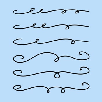 A set of strokes, vector separators with curls, hand-drawn black line, isolated borders for a design template