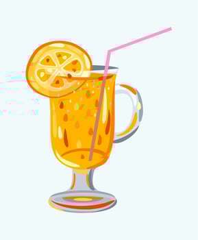 Vector illustration of orange juice on light blue background.