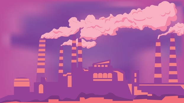 Vector illustration of  industrial silhouette landscape with factory buildings and pollution in flat design purple style
