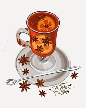 Vector isolated illustration of mulled wine with spices in glass cup.