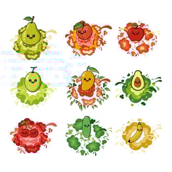 a set of fruit facial expression illustration with explosion vector