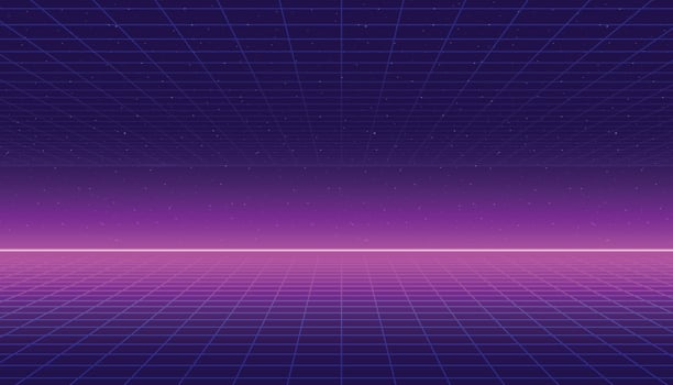 A vector 80s grid background with a neon horizon