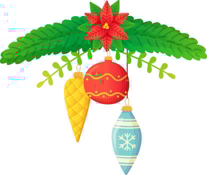 Christmas tree branch ornate balls bows and holly. vector