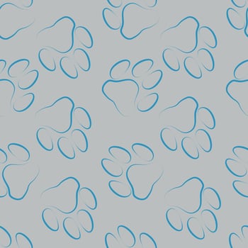 Dog paw seamless pattern, pet paw silhouette, linocut style, hand drawn, one line, blue and gray background vector
