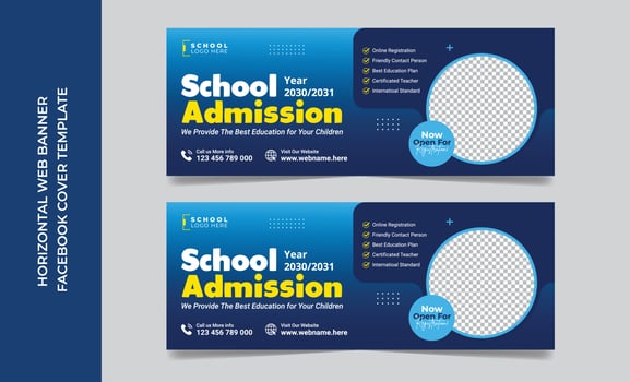 School admission social media post banner, educational social media post cover page back to school web banner design template vector