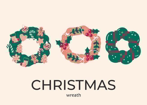 Vector set of silhouette of christmas wreath. Hand drawn branches and berries, circle frames