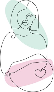 Pregnant woman silhouette line art, one line drawing, sketch of lady with belly, with watercolor stains vector