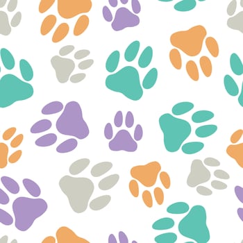 Dog paws seamless pattern, black and white background doodle drawing of pet paws, chaotically scattered elements, minimalism pattern vector