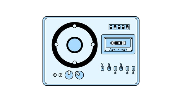 Old retro vintage music cassette tape recorder with magnetic tape on reels and speakers from the 70s, 80s, 90s. Beautiful icon. Vector illustration