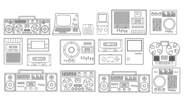 Set of black and white old retro vintage hipster tech electronics cassette audio tape recorder, computer, game consoles for video games from the 70s, 80s, 90s. Vector illustration