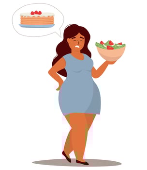 A fat woman holds a plate of green salad with tomatoes in her hand and thinks about cake. The concept of dietary nutrition, healthy lifestyle, weight loss. Vector graphics.
