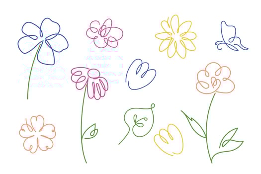 Minimal floral line art. Flowers colorful palette in continuous line art style. Floral for invitations, cards, print, gift wrapping, manufacturing, textile, fabric, wallpapers. vector