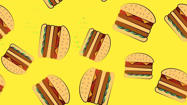 pattern of burgers on a yellow bright background, vector illustration. delicious fast food. decoration of fast food restaurant decor. juicy filling with meat and cheese. double burger