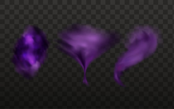 Realistic scary mystical  clouds fog in night Halloween. Purple  flows poisonous gas, dust and smoke effect.Vector set. vector