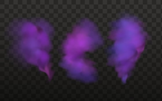 Realistic scary mystical  clouds fog in night Halloween. Purple  flows poisonous gas, dust and smoke effect.Vector set. vector