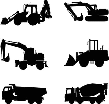 A vector collection of construction vehicle silhouettes