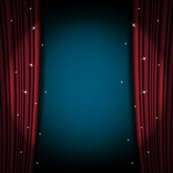 Open red curtain theater background with sparkling stars. Vector illustration
