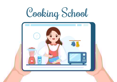 Live Streaming Online Cooking with chef in Class Learn to Cook Homemade Food and Variety of Dishes in Flat Cartoon Hand Drawn Template Illustration vector